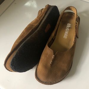 Clarks Originals Slingback Brown Leather Flats Sz 8 Rare Boho Style